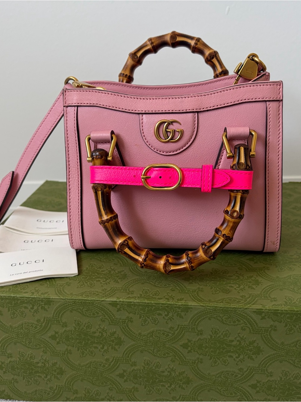Gucci Pink Leather Mini Top-Handle Bag with Bamboo Handles and Neon Pink Strap - Picture 8 of 10